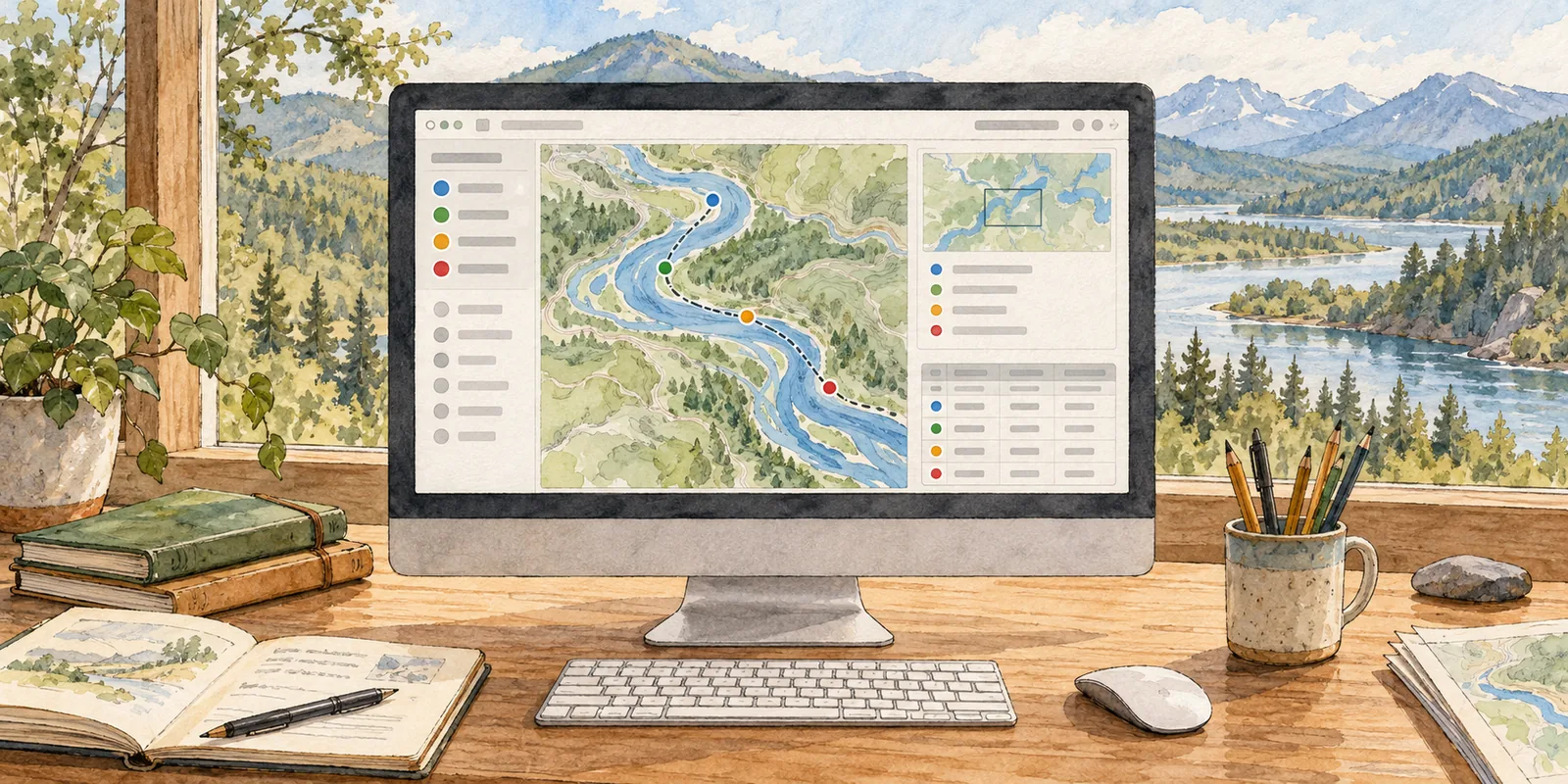 A desk with a computer open on a map