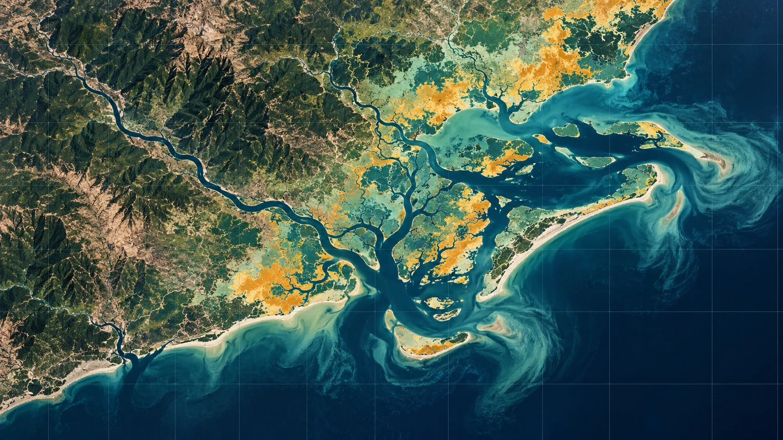 Overhead view of a river delta meeting the sea, its branching channels and wetlands tinted yellow and teal, with sediment plumes swirling offshore.