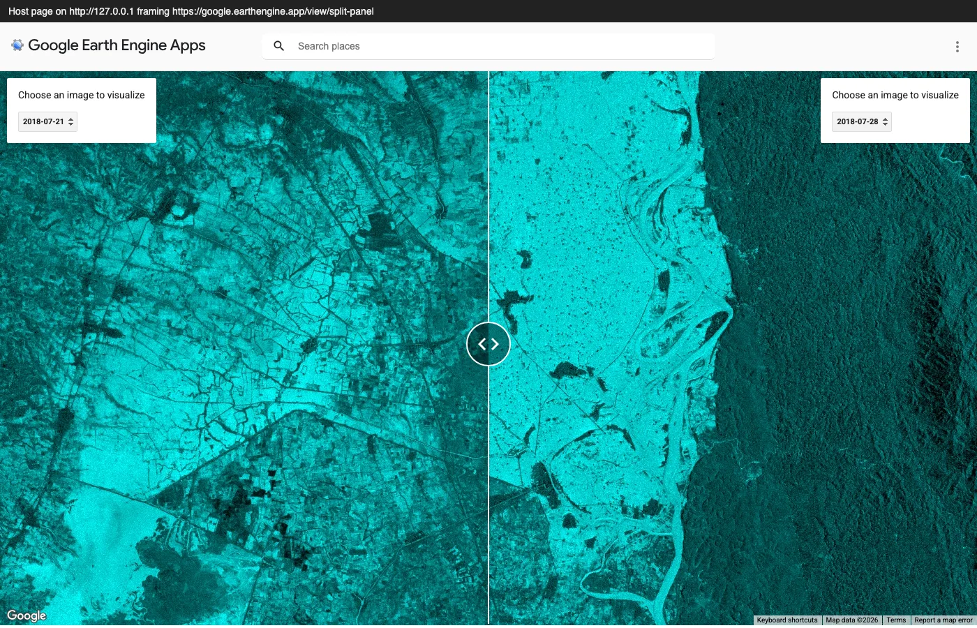 The Google-published Split Panel Earth Engine App, Sentinel-1 composites of 2018 flooding in Myanmar, rendered inside an iframe on a localhost page