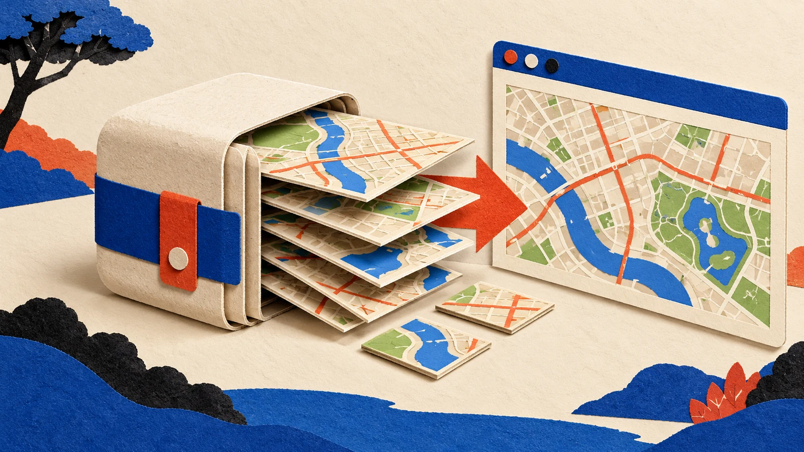 Paper-craft illustration of a beige box with a blue and orange strap holding stacked map sheets, loose map tiles on the floor, and an orange arrow pointing to a browser window showing a city map with a river, roads and parks.